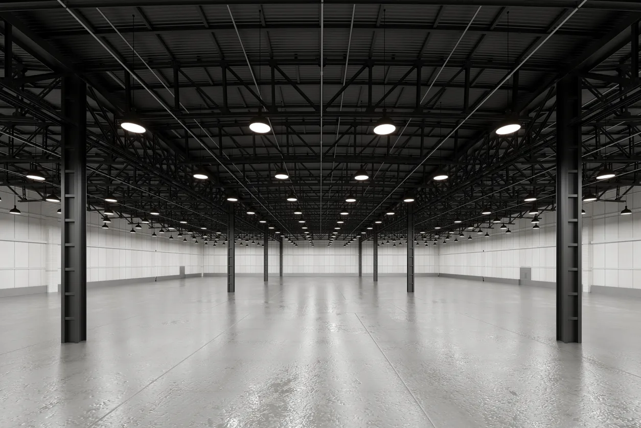 An empty warehouse interior with exposed steel roof framing and rows of pendant high-bay lights above a bare floor — distributor and wholesaler insurance in Washington