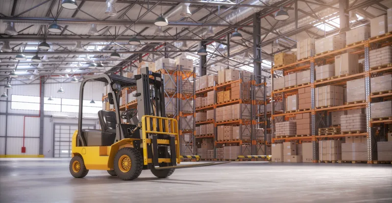 A counterbalance forklift standing on an open warehouse floor in front of pallet racking loaded with cartons — distributor and wholesaler insurance in Oregon