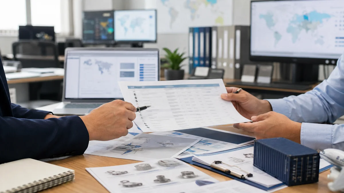 Two people reviewing a supply-chain report at a desk with shipping documents and a model freight container — distributor and wholesaler insurance in Idaho