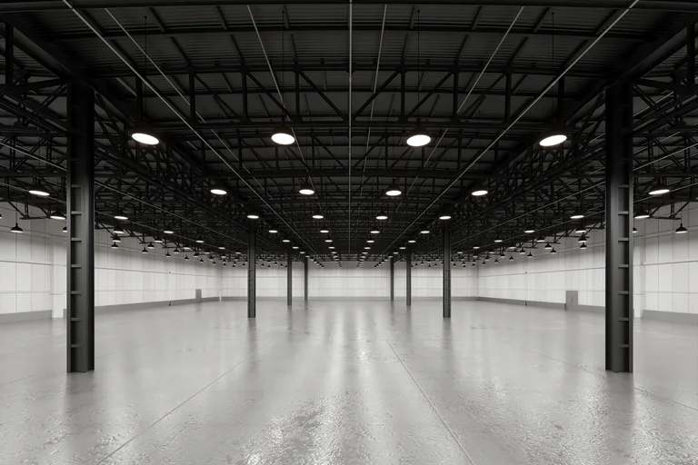 An empty warehouse interior with exposed steel roof framing and rows of pendant high-bay lights above a bare floor — distributor and wholesaler insurance in Nebraska