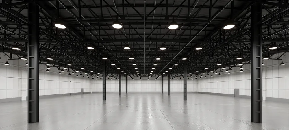 An empty warehouse interior with exposed steel roof framing and rows of pendant high-bay lights above a bare floor — warehouse and distributor insurance in Nevada