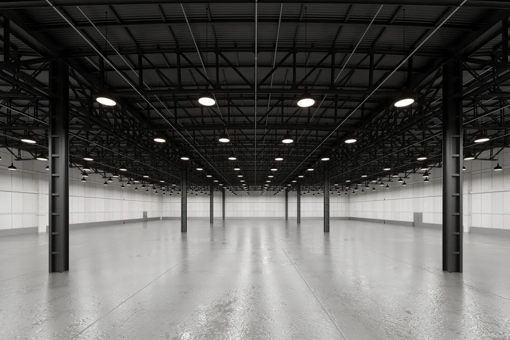 An empty warehouse interior with exposed steel roof framing and rows of pendant high-bay lights above a bare floor