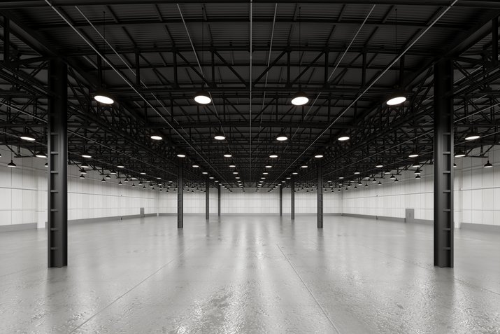 An empty warehouse interior with exposed steel roof framing and rows of pendant high-bay lights above a bare floor