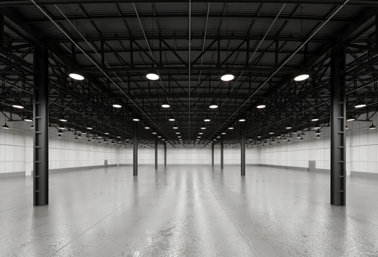 An empty warehouse interior with exposed steel roof framing and rows of pendant high-bay lights above a bare floor — warehouse insurance in Ohio