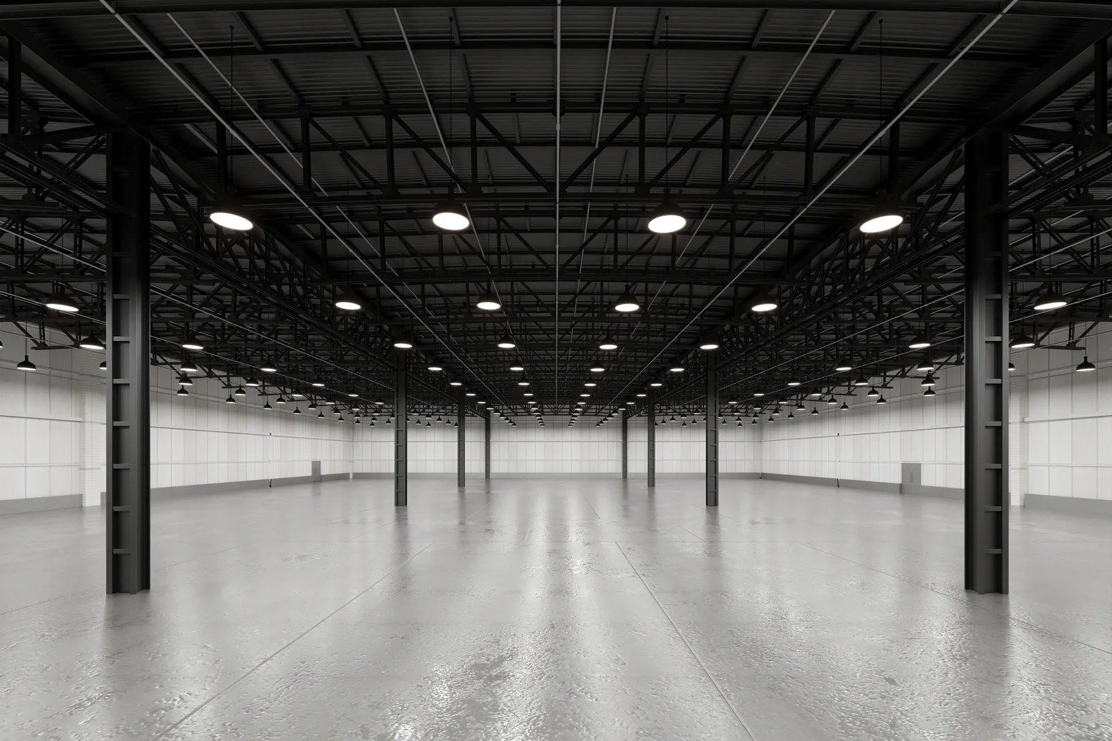 An empty warehouse interior with exposed steel roof framing and rows of pendant high-bay lights above a bare floor — warehouse insurance in Iowa
